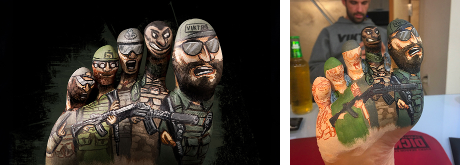 Behind the scenes of in-process painting of the foot and the final War Piggies marketing image
