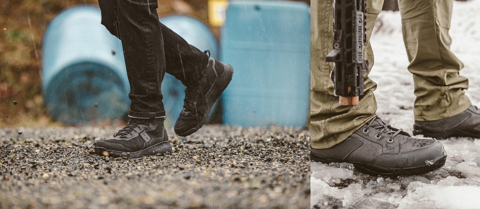 Waterproof boots on wet gravel and snowy ground
