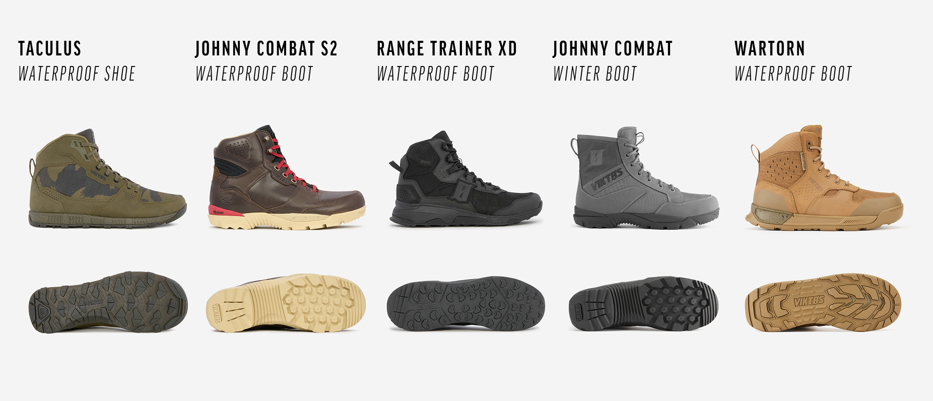VIKTOS waterproof footwear lineup: Taculus, Johnny Combat S2, Range Trainer XD, Johnny Combat Winter and Wartorn